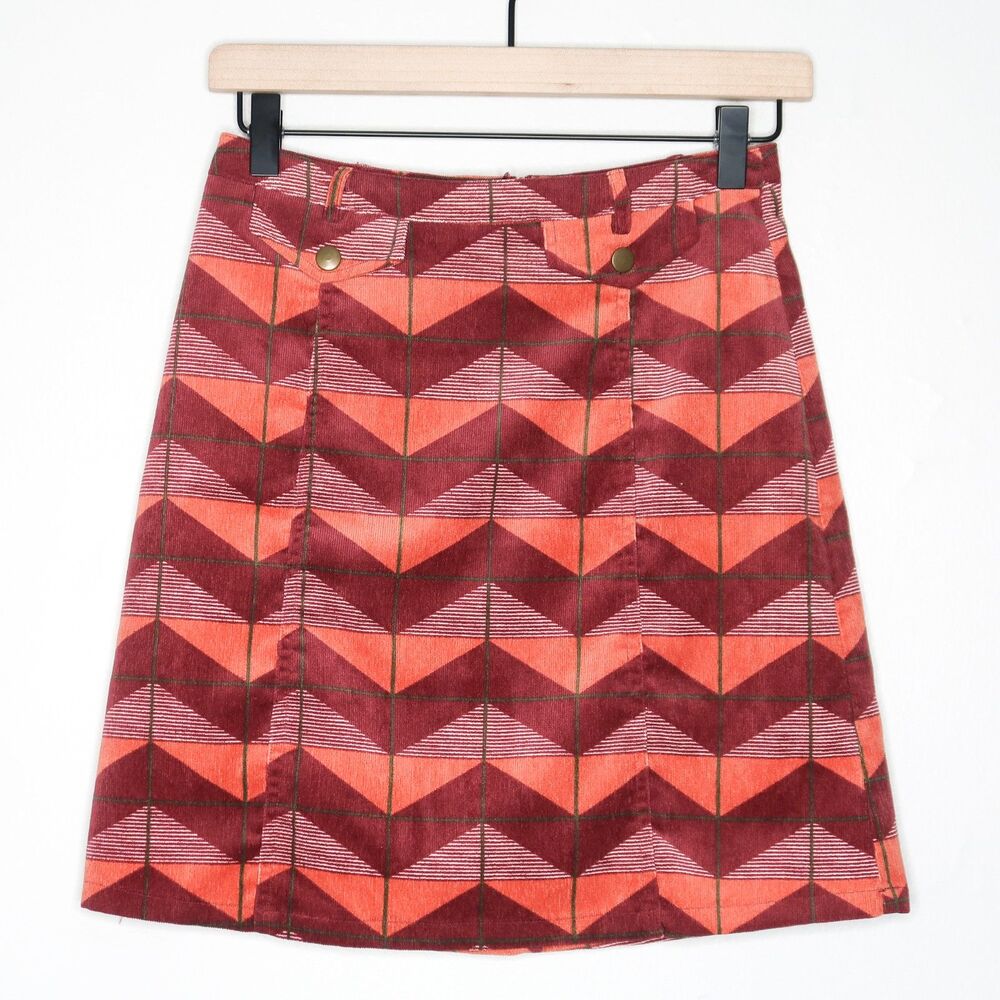 Flying Tomato Womens Mini Skirt S Red Orange Corduroy Retro Chevron Western 70s